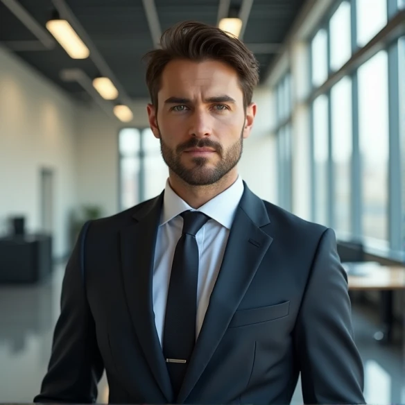 (photorealism:1.2), Handsome brown-haired man, brown eyes, square jaw, dressed in office suit, office background