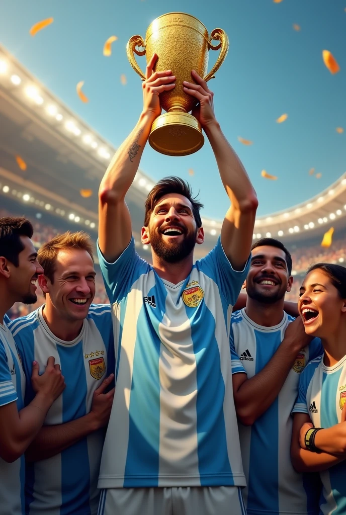 Messi with his worldcup with all his people