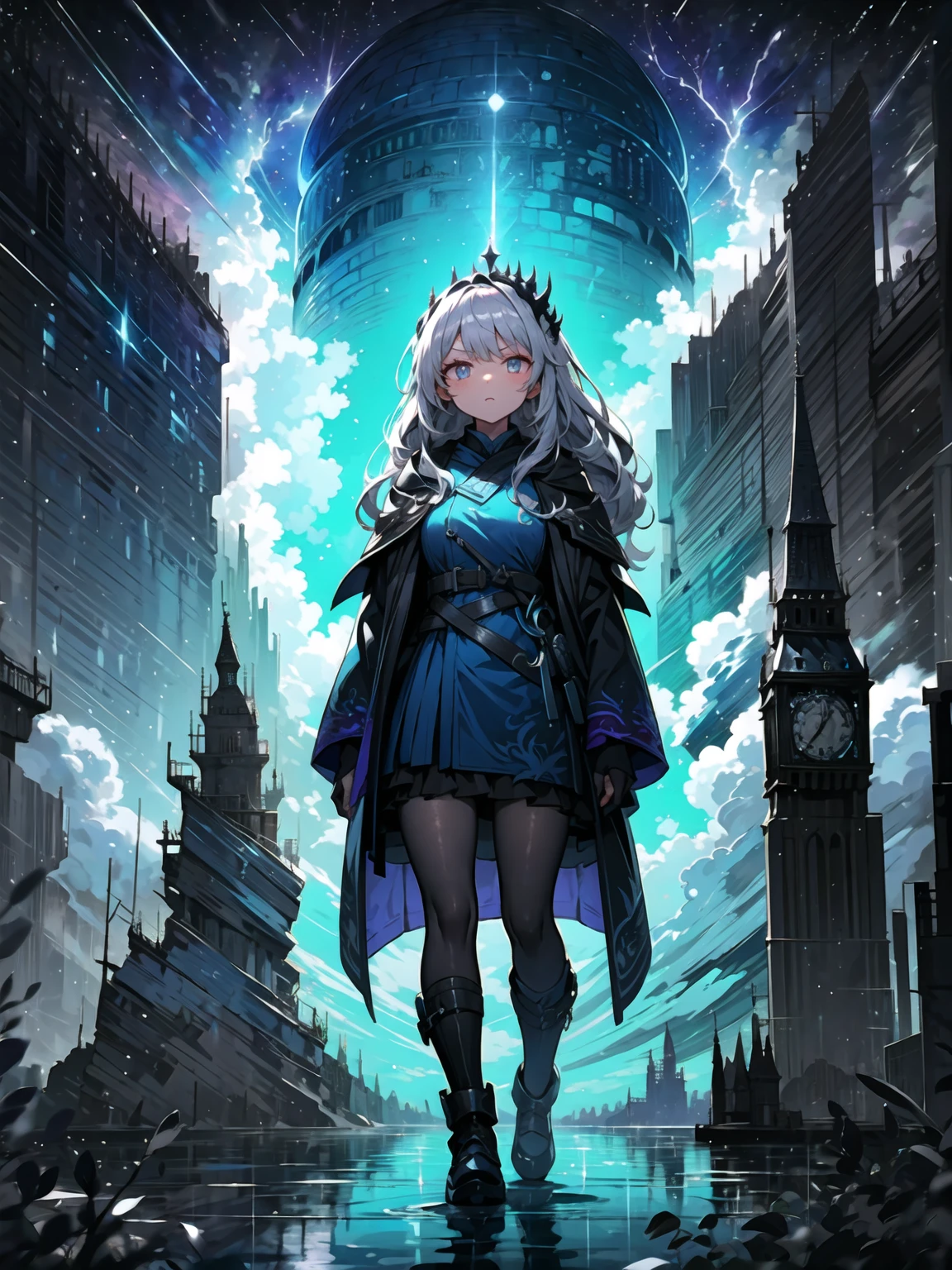 ((masterpiece, best quality, 8k))), mysterious female mage, (full-body), violet dragon silk robes, arcane glow, long wavy violet hair, braided crown, silver streaks, deep amethyst eyes, calm but intimidating expression, standing at the edge of a cliff overlooking a stormy sea, dragons rising from the waves, dark storm clouds illuminated by lightning, (ominous lighting, vibrant highlights)