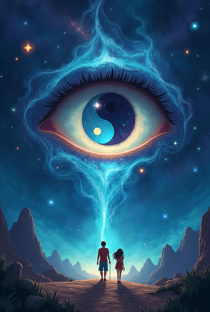 Create me a good book cover like the background is a some sort of the universe and in between or in any part, there is a big mysterious eye, and inside that eye, there is the symbol yinyang, and create a two men below the eye show that they are really I love Make it fantasy vibes and make it simple but artistic , emphasize the yinyang on the eye. Make it more cartoonish and make the book cover like a beginner but have a experience on art