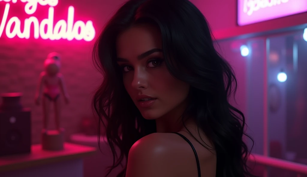 Sexy woman, sensual look, Profile, wavy black fur. Add a discreet pink neon sign that literally says tangos vandalos to the electronic party scene.