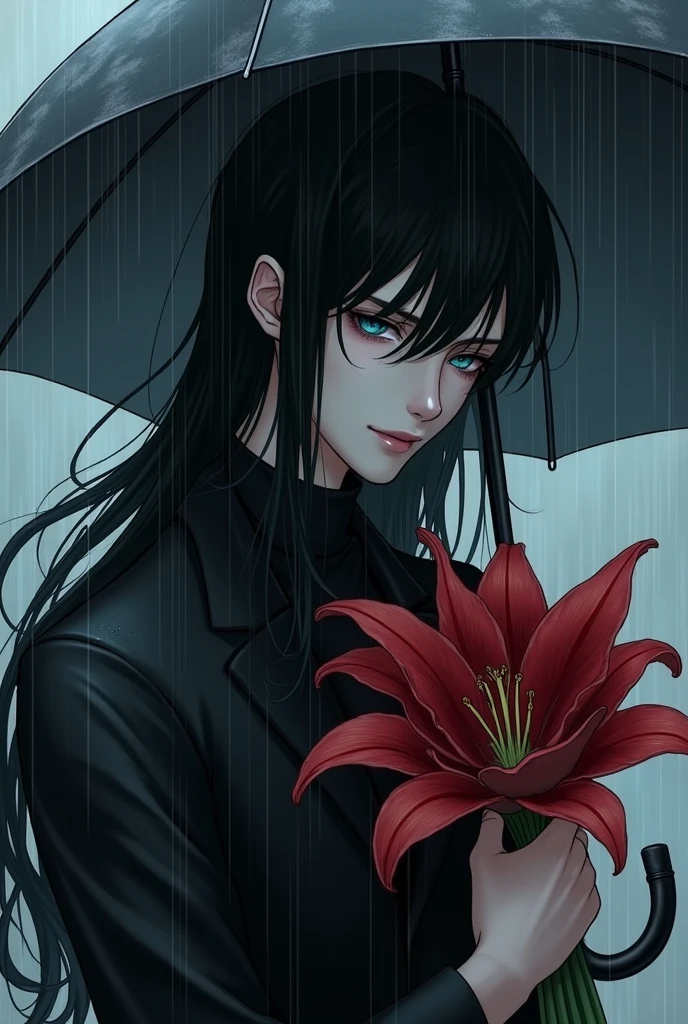 A sexy male, long black hair, teal blue eyes, delicate features, white and pale skin. In funeral, full black clothes, raining, holding an umbrella, holding flowers. Looking down. ((((Gloomy)))) (masterpiece) (ultra-detailed precision)) (pretty drawn) (pretty drawn face) (despair) (sadness) (1 male) ((sad) (close to camera) ((red death lilys)