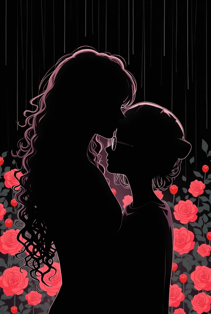 I want two silhouettes, one with curly hair and the other with straight hair and wearing glasses, both women, and with a background of roses, the one with curly hair with long hair but even curlier hair and with only the black background while it rains and the one with straight hair with a cap facing backwards.