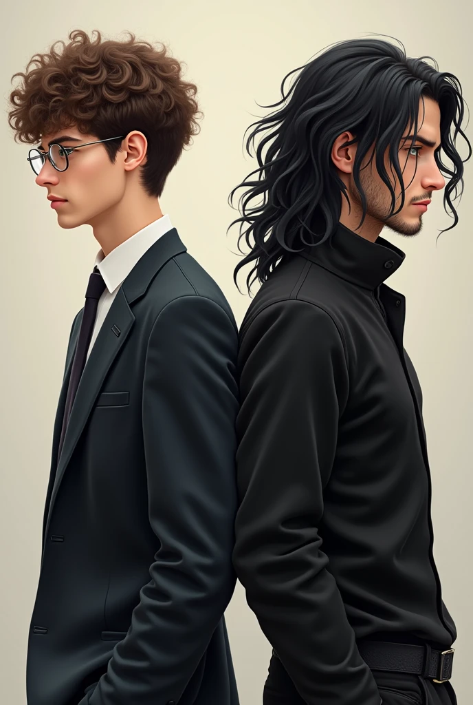 draw two guys standing next to each other, in the left the guy is about 6'2 tall has eye glasses and has brown curly hair, he wears pre-med clothes and has green eyes, the other guy beside him wears black clothes has long black hair and looks like a rock star.