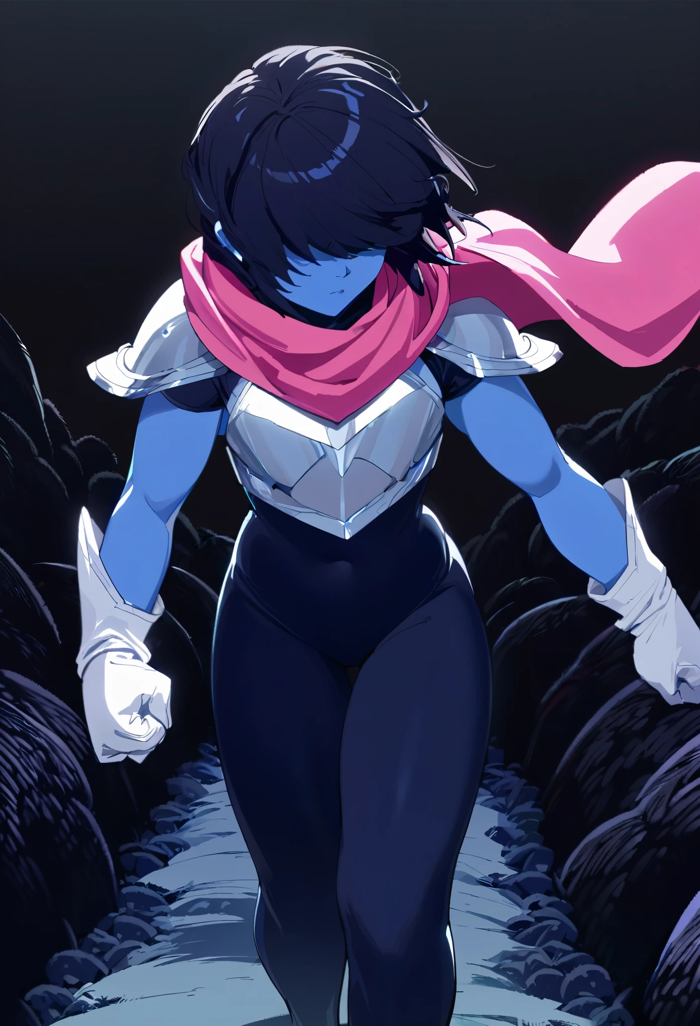 (1girl, solo, darkkris, confident walk, close-up), blue skin, black hair, hair over eyes, black bodysuit, white chestplate, white gloves, pink scarf, (black background, walking through alien world, unknown place)