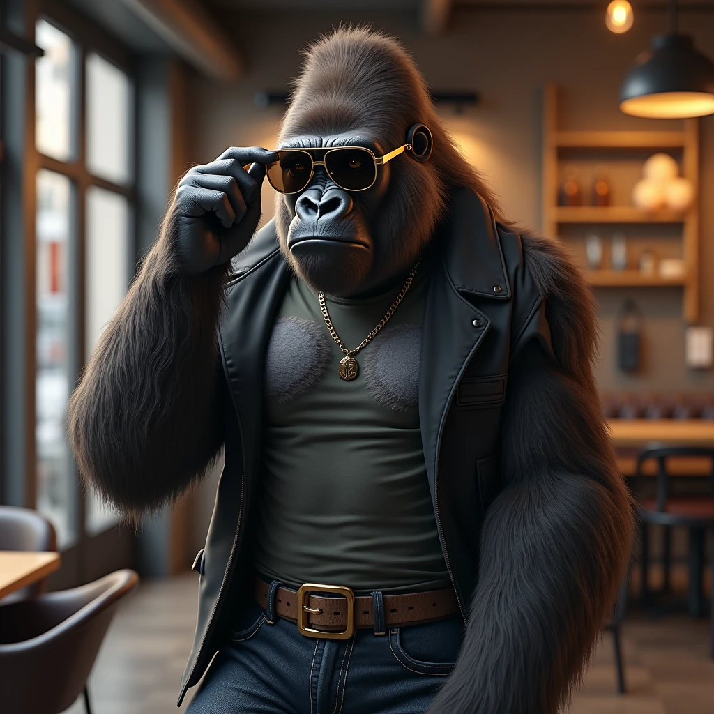 サングラスを外しているイケイケゴリラ: "Draw a lifelike, realistic image of a gorilla in the process of removing its sunglasses, revealing a cool, confident gaze underneath. The gorilla is dressed in a casual yet trendy outfit, including a graphic tee and jeans. The background is a trendy coffee shop with a modern, industrial design, highlighting the gorilla's smooth and effortless style."
