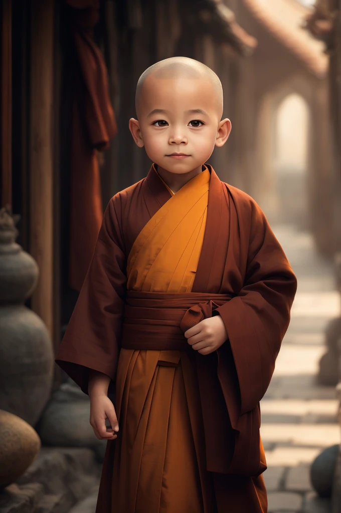 A  in a monk'be stands in a narrow alley, monk clothes, portrait of monk, buddhist monk, wearing brown robes, mo 1 st cry monk, Portrait shog, wojtek fus, full body picture of a male monk, dressed in simplbes, Buddhist,  wearing utfit, lovely digital painting, Serene expression, wearing a long flowing robe