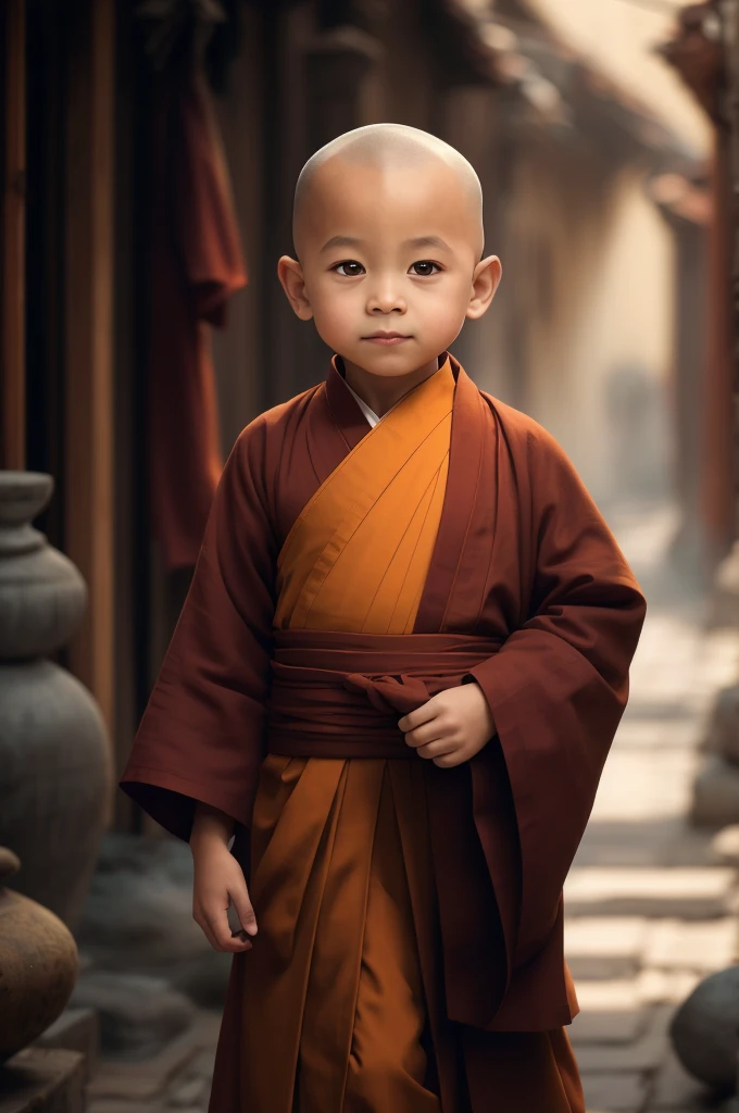 A child in a monk's robe stands in a narrow alley, monk clothes, portrait of monk, buddhist monk, wearing brown robes, monk, 2 1 st century monk, Portrait shooting, wojtek fus, full body picture of a male monk, dressed in simple robes, Buddhist, wearing nun outfit, lovely digital painting, Serene expression, wearing a long flowing robe