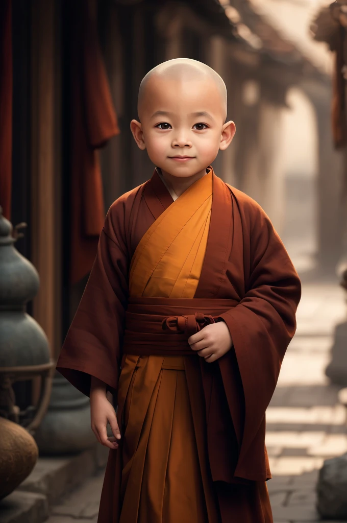 A child in a monk's robe stands in a narrow alley, monk clothes, portrait of monk, buddhist monk, wearing brown robes, monk, 2 1 st century monk, Portrait shooting, wojtek fus, full body picture of a male monk, dressed in simple robes, Buddhist, wearing nun outfit, lovely digital painting, Serene expression, wearing a long flowing robe