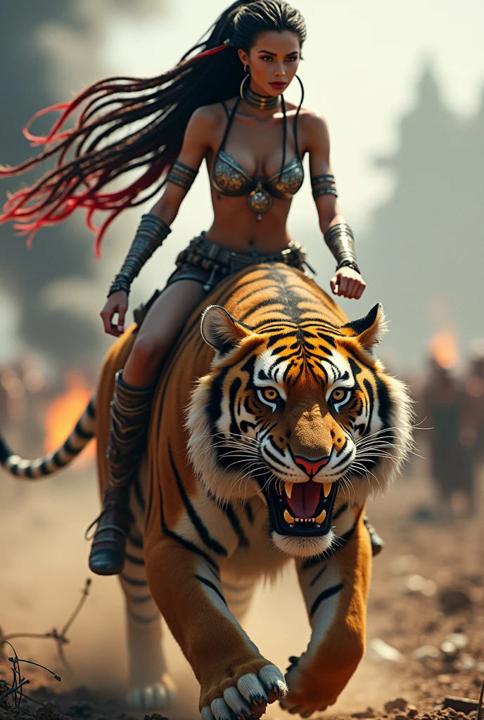 White skinned Barbie with blackred dreadlocks naked riding to war on a Sabre-toottiger