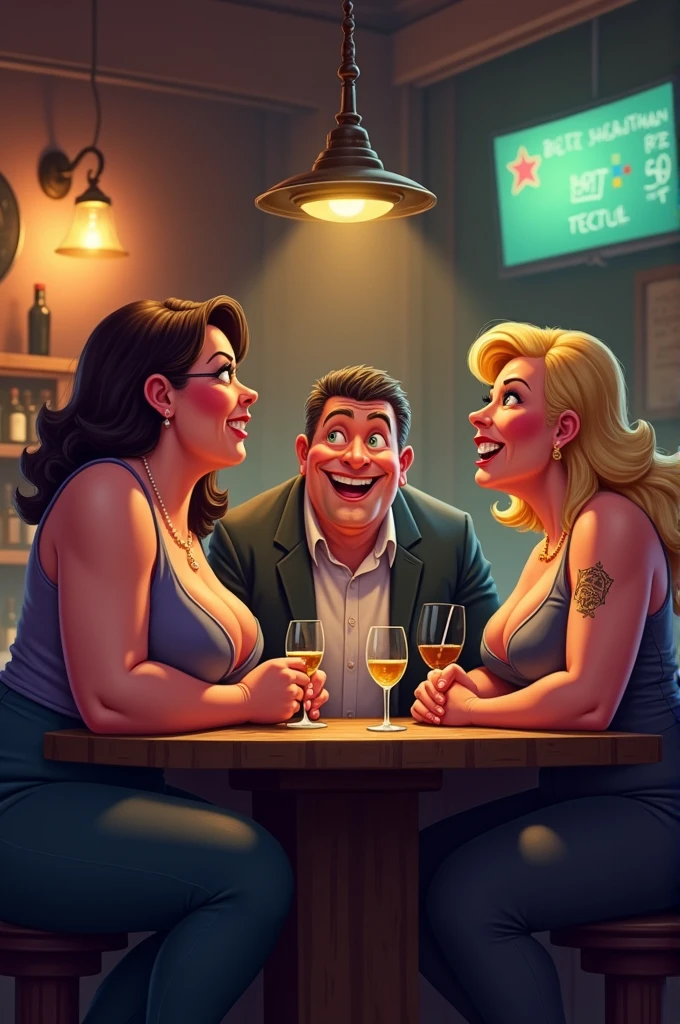 Two large women with accents sitting across a man in a bar funny cartoon