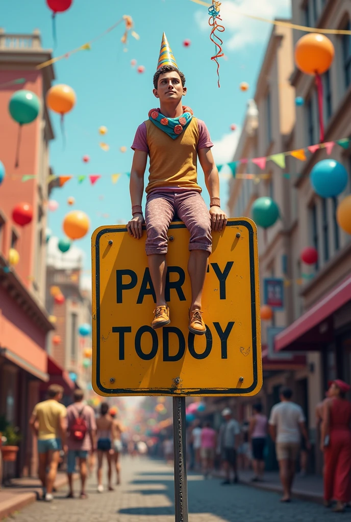 An image of a road sign with a dummy on the sign at a party