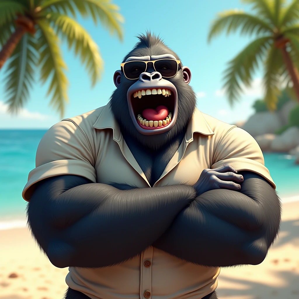 A cool gorilla laughing out loud: "Create a realistic image of a gorilla wearing stylish wraparound sunglasses, laughing heartily with its head tilted back. The gorilla’s muscular arms are crossed over its chest, and it’s wearing a casual button-down shirt. The background is a sunny beach with palm trees and a relaxed, vacation vibe, complementing the joyful mood."
