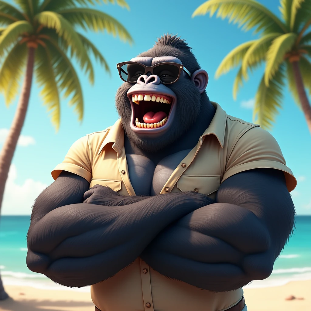 (by Taran Fiddler), (by Zackary911), (by chunie), gorilla, feral gorilla, male, older male, grandpa, old, elderly, wrinkles, facial hair, mustache, grey skin, droopy eyes, slightly chubby, wide hips, thick thighs, spreading legs, sagging balls, swinging balls, throbbing cock, masturbation, tapering penis, penis focus, laying on back, cum, beach, trees, sand, prehensile gorilla feet, moaning, orgasm face, looking down at viewer, sunlight, overexposed image, warm light, hot light, no tail