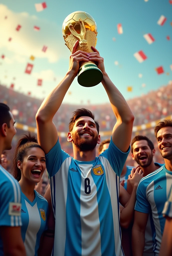 Messi with his worldcup with all his people