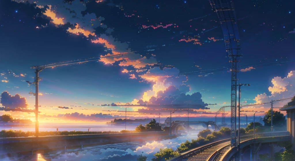 Anime scene with train passing under blue sky, anime drawing by Makoto Shinkai, trending on pixiv, magic realism, beautiful anime scene, cosmic sky. by makoto shinkai, ( ( makoto shinkai ) ), by makoto shinkai, anime background art, makoto shinkai style. Detail enhancement, perfect detail processing, huge clouds