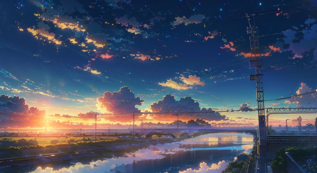 Anime scene with train passing under blue sky, anime drawing by Makoto Shinkai, trending on pixiv, magic realism, beautiful anime scene, cosmic sky. by makoto shinkai, ( ( makoto shinkai ) ), by makoto shinkai, anime background art, makoto shinkai style. Detail enhancement, perfect detail processing, huge clouds