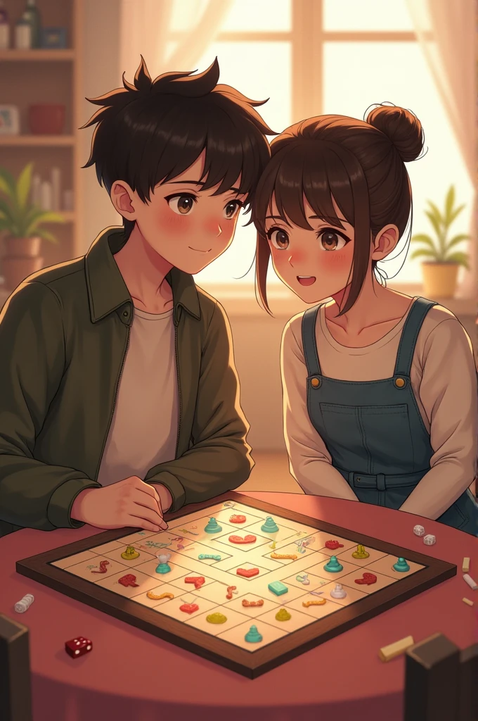 Couple, high school, (boy neat hair, wear jacket), (girl wear dress overall, hair cute bun), play snakes and ladders