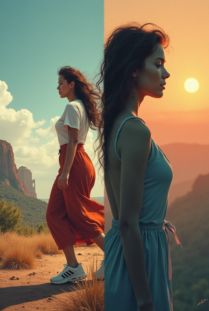 Give me a collage of two pictures in which
Two people have two different goals and they are at different places and at different mindset and different choices and different paths but both are female