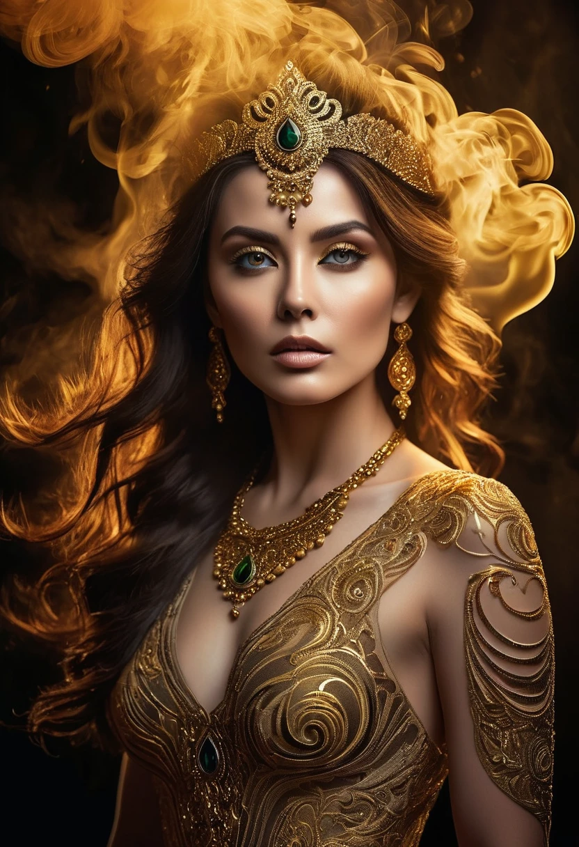 A majestic work of art, a woman, intricately detailed, with an intense, piercing gaze emanating from her singular, striking eye, set against a backdrop of ethereal, swirling golden smoke that appears to shift and undulate as if alive, illuminated by a cinematic lighting scheme that casts dramatic, high-contrast shadows and highlights, evoking a sense of mystery and the otherworldly, with each element expertly rendered in exquisite, high-definition detail, exuding a sense of artistic mastery and visual sophistication.