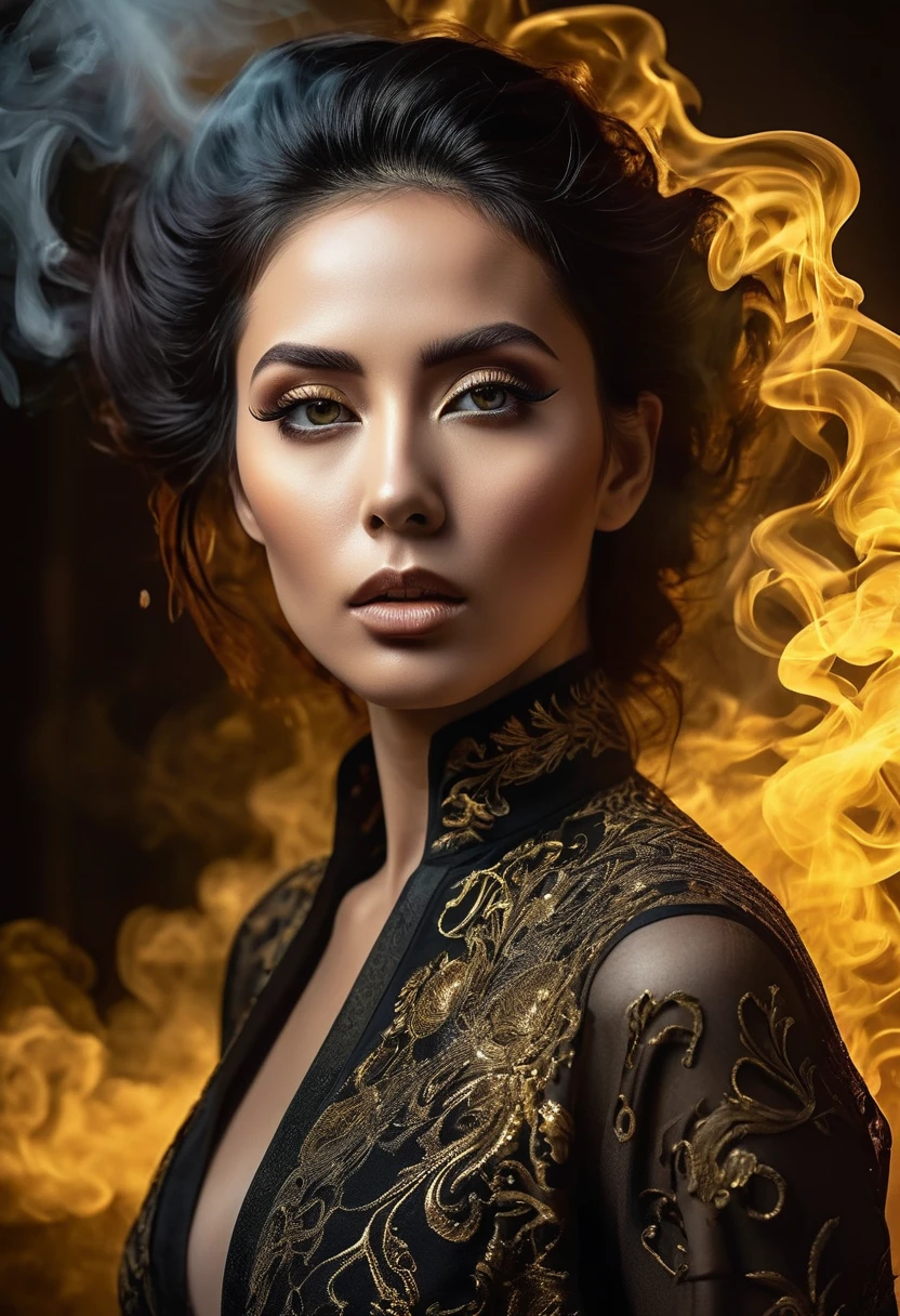 A majestic work of art, a woman, intricately detailed, with an intense, piercing gaze emanating from her singular, striking eye, set against a backdrop of ethereal, swirling golden smoke that appears to shift and undulate as if alive, illuminated by a cinematic lighting scheme that casts dramatic, high-contrast shadows and highlights, evoking a sense of mystery and the otherworldly, with each element expertly rendered in exquisite, high-definition detail, exuding a sense of artistic mastery and visual sophistication.