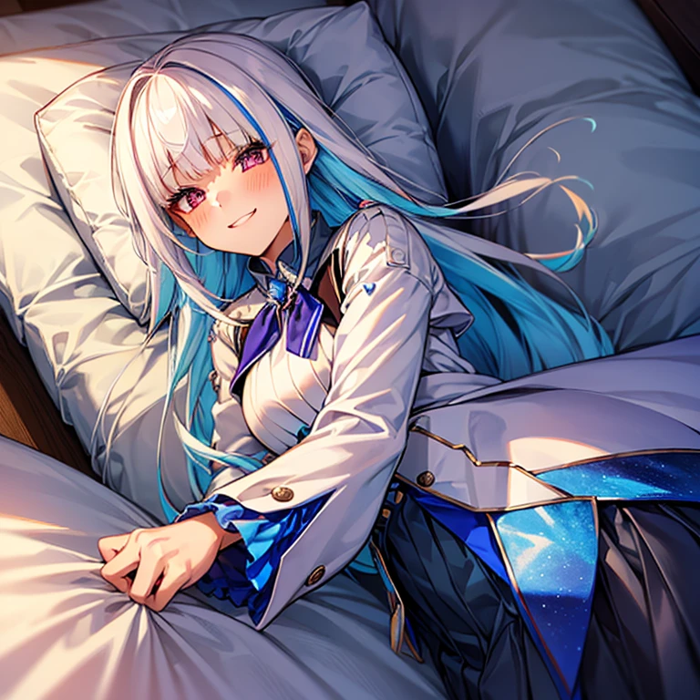 high quality,(ベッドにLying on your backに寝る:1.5), Lying on your back,outstretched arms, lh1, hair ornamnet, long hair, long sleeves, pleated skirt, blue thighhighs, 手链, frilled skirt, white jacket, white shirt, blue skirt, thigh strap, A seductive smile, Shot from directly above,Blushing, smile, Big Breasts,detailed face