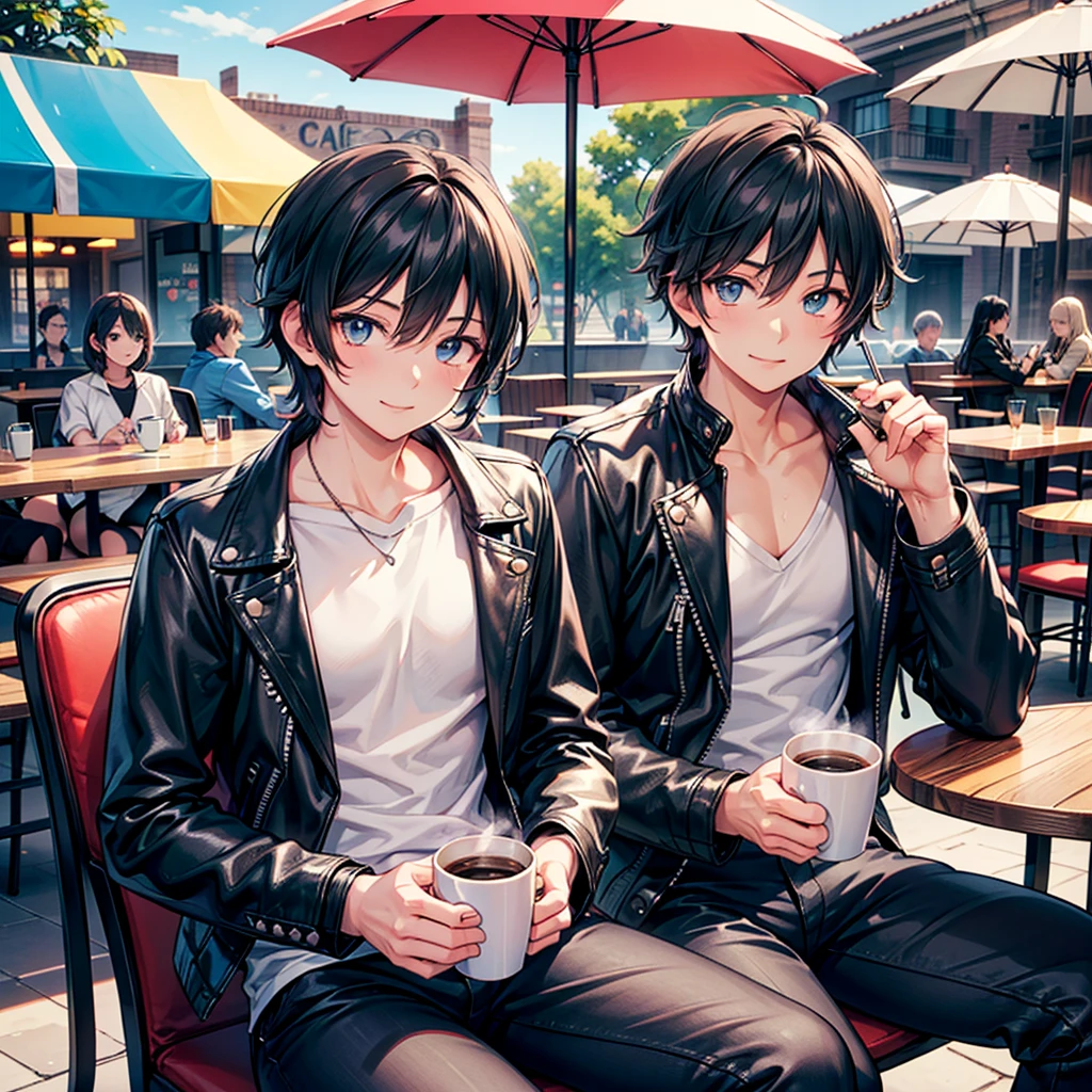 Anime art style,Highest quality,High resolution,Anatomically correct,One Man,Twenty generations,good looking,Spiky hair,Black Hair,A rich expression,A kind smile,Leather jacket,Rough white innerwear,noon,Cafe Terrace,Sitting and drinking coffee,Eyes drawn in detail,8k