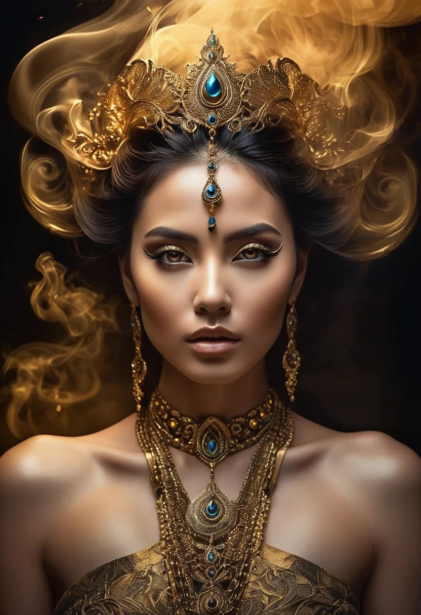A majestic work of art, a woman, intricately detailed, with an intense, piercing gaze emanating from her singular, striking eye, set against a backdrop of ethereal, swirling golden smoke that appears to shift and undulate as if alive, illuminated by a cinematic lighting scheme that casts dramatic, high-contrast shadows and highlights, evoking a sense of mystery and the otherworldly, with each element expertly rendered in exquisite, high-definition detail, exuding a sense of artistic mastery and visual sophistication.
