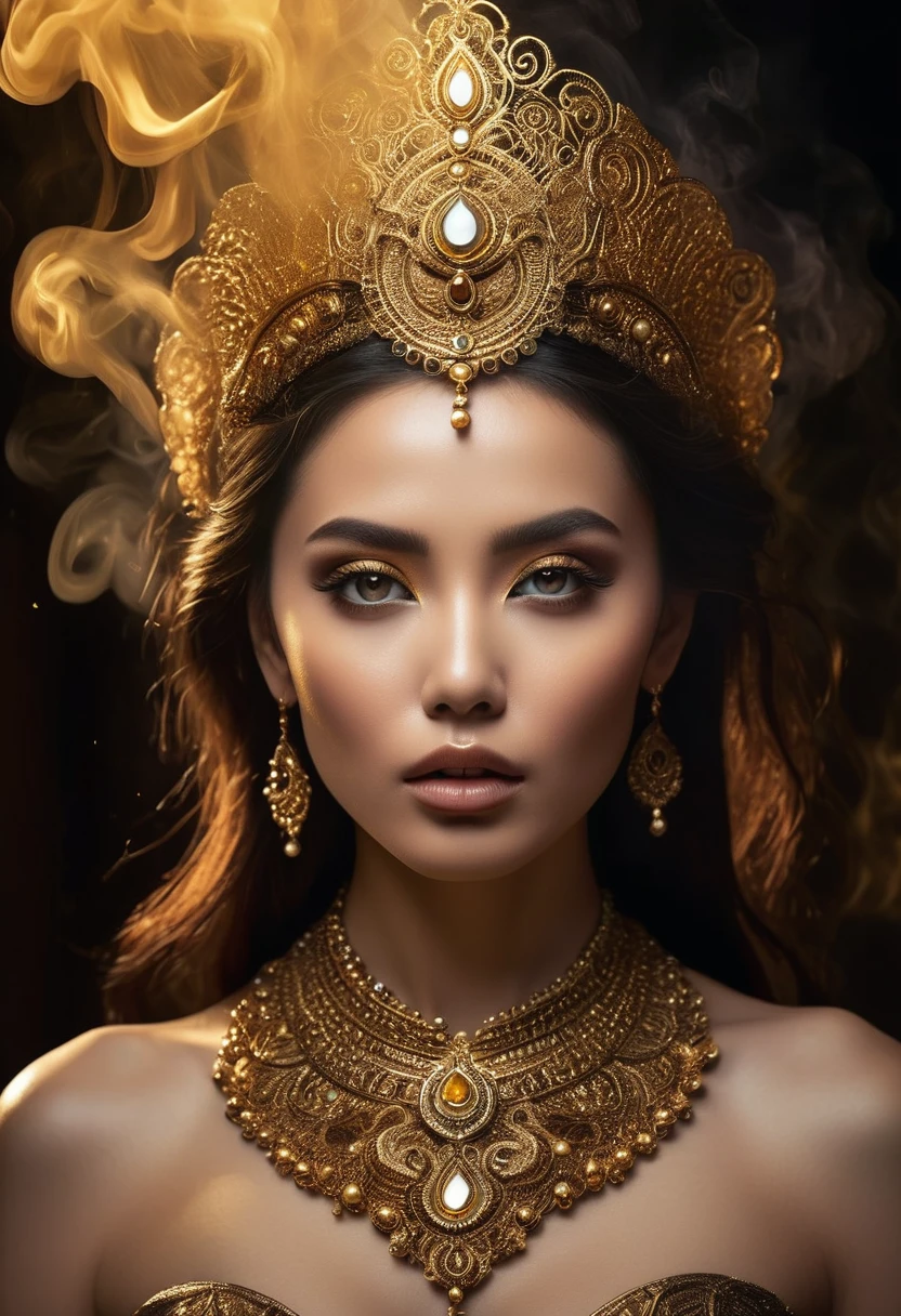 A majestic work of art, a woman, intricately detailed, with an intense, piercing gaze emanating from her singular, striking eye, set against a backdrop of ethereal, swirling golden smoke that appears to shift and undulate as if alive, illuminated by a cinematic lighting scheme that casts dramatic, high-contrast shadows and highlights, evoking a sense of mystery and the otherworldly, with each element expertly rendered in exquisite, high-definition detail, exuding a sense of artistic mastery and visual sophistication.
