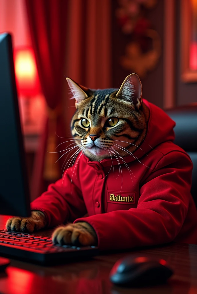 The cat works on the computer , in red clothes , in a rich apartment , in a dark room with red lighting , and on the clothes it says Ballunix