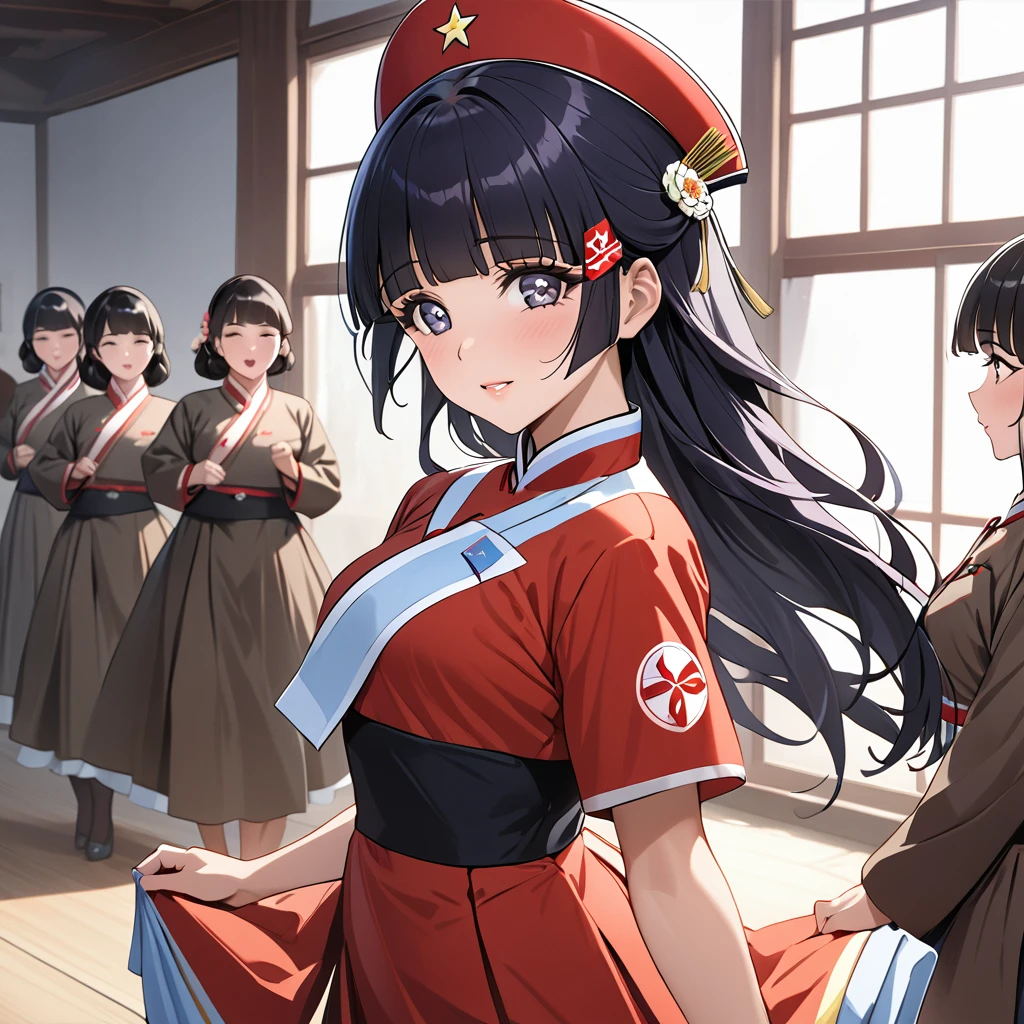 ((Highest quality)), ((masterpiece)), (detailed), （Perfect Face）、The woman is Reika Aoki with semi-long hair、The woman is a member of the North Korean Pleasure Squad and is dressed in North Korean national costume and performing a dance for the general.