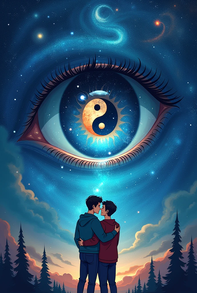 Create me a good book cover like the background is a some sort of the universe and in between or in any part, there is a big mysterious eye, and inside that eye, there is the symbol yinyang, and create a two men below the eye show that they are really In love Make it fantasy vibes and make it simple but artistic , emphasize the yinyang on the eye. Make it more cartoonish and make the book cover like a beginner but have a experience on art