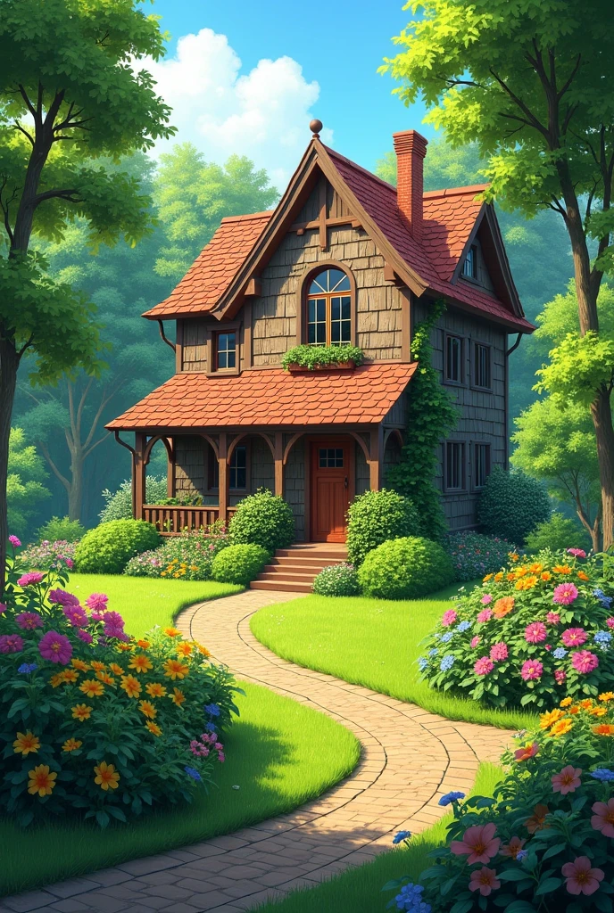 A house with many trees and flowers