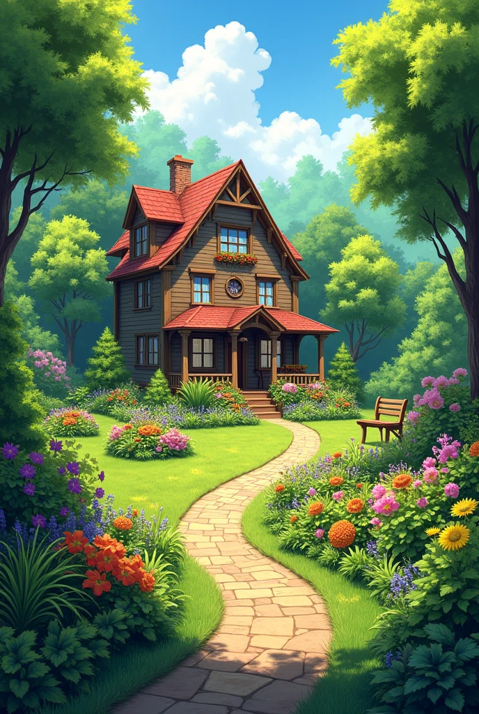 A house with many trees and flowers