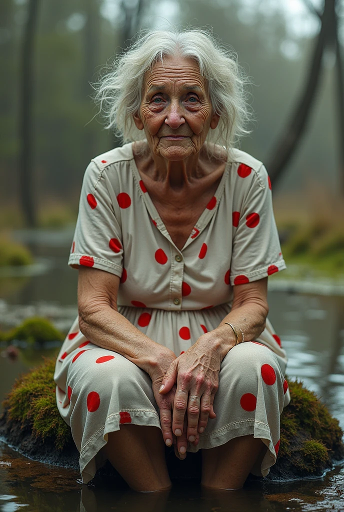 Wrinkled Granny in a White Dress with Red Polka Dots, with warts on his face and disheveled hair, sits on a swamp hummock, the photo is very realistic, high quality