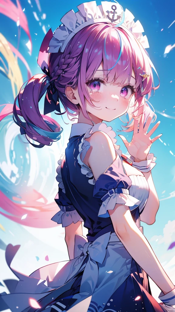 Minato Akua、Multi-colored hair、Twin-taileis、inner hair color、Two-tone hair、Drill Hair、twin isrills、Ahoge、Ankle cuffs、striateis hair、 (Highest quality, 8k, masterpiece, Super isetaileis:1.2), peace sign,Raise your hands,Open your legs,Crab Pose,Dynamic pose, Movie angle, Cowboy Shot, Particles of light, Shine, Beautiful fine isetails, Shine肌, Shine髪,
Day, Speckleis Daylight,One Girl, alone, skirt, smile, cute, Happy, Open your mouth, pleateis , Short sleeve, :is, clavicle, bow , Live Stage, Neon Light, many auisience,