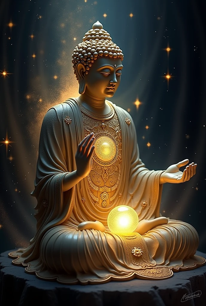 buddha with glowing lights and a glowing orb, buddhism, enlightenment. intricate, glowing from within, spiritual enlightenment, the buddha, on path to enlightenment, on the path to enlightenment, cosmic enlightenment, enlightened, beautiful depiction, emanating and flowing energy, samsara, glowing golden aura, an interdimensional being, the sacred cup of understading
