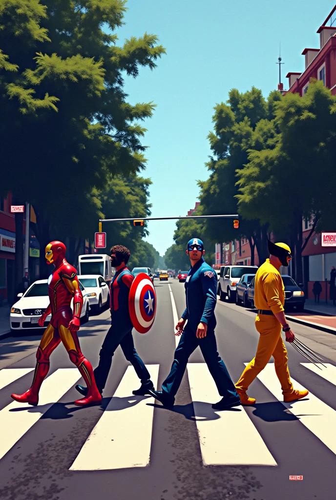 Crosswalk like the album cover Abby rose, and they walk across Ironman, captain America, spiderman y wolwerin 