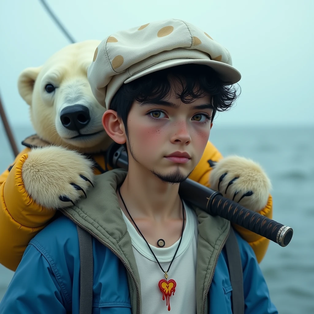 high resolution、８K、Delicate depiction、Realistic、Realistic、German、Young man、２４age、Are thin、Pale complexion、Black Hair、Natural curls、Short beard under the mouth、sideburns、Sharp Eye、Eyeliner、Dark circles under the eyes、bad mood、White newsboy cap with beige spots、White tank top、A blue coat with a feather collar、You can see a little bit of the burning heart tattoo on his chest.、Holding a Japanese sword、Bust Shot、On the Sea、Polar bear wearing a yellow jacket behind、Place your palms up next to your face