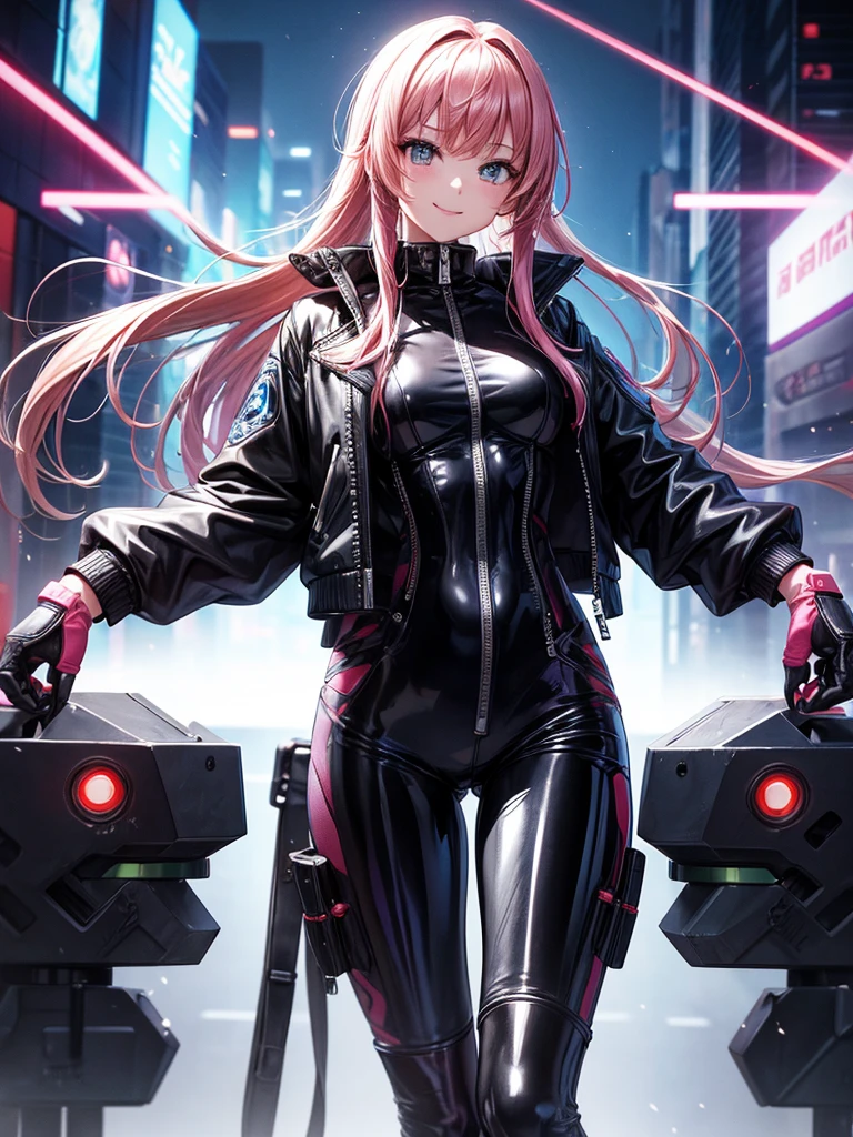Best Quality,8k, girls,Colorful latex suit,Bodysuits,smile,robotに乗る戦闘員,I'm grating my bangs,SF,Straight Hair,fur jacket,cool,未来のBodysuits,leather jacket,Hands in pockets,Leather pants,perfectionにまっすぐな髪型,Smooth hair,beautiful girl,Standing posture,Cyberpunk Girl,Naughty・モデル,Absurd,Wearing,robot,I'm horny,Naughty,masterpiece,perfection,smile,Long Hair,