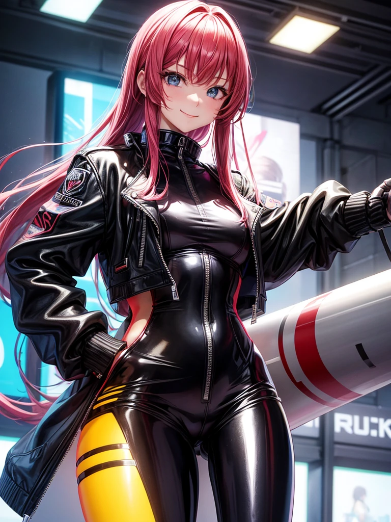 Best Quality,8k, girls,Colorful latex suit,Bodysuits,smile,robotに乗る戦闘員,I'm grating my bangs,SF,Straight Hair,fur jacket,cool,未来のBodysuits,leather jacket,Hands in pockets,Leather pants,perfectionにまっすぐな髪型,Smooth hair,beautiful girl,Standing posture,Cyberpunk Girl,Naughty・モデル,Absurd,Wearing,robot,I'm horny,Naughty,masterpiece,perfection,smile,Long Hair,