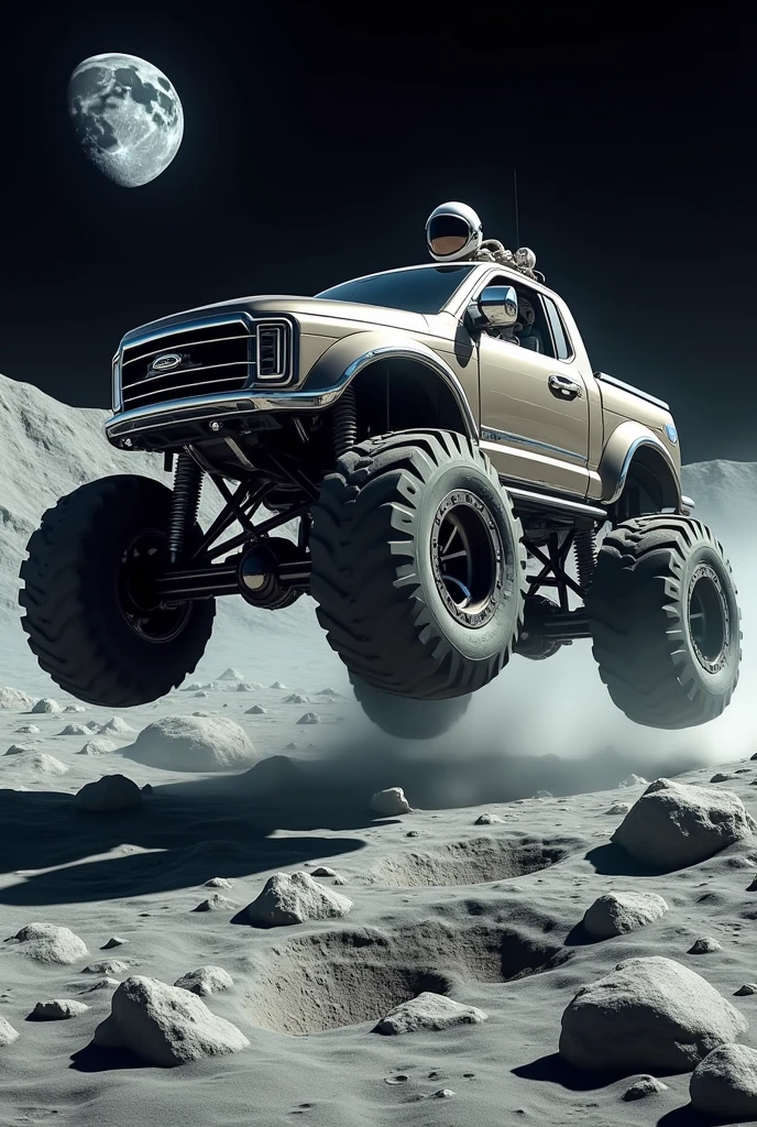 monster truck  futurista, piloted by an astronaut,  jumping in the craters of the moon, 8K resolution, clear