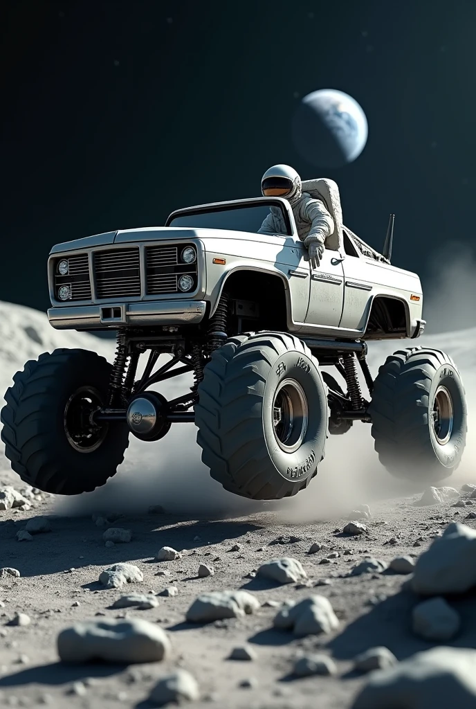 monster truck  futurista, piloted by an astronaut,  jumping in the craters of the moon, 8K resolution, clear