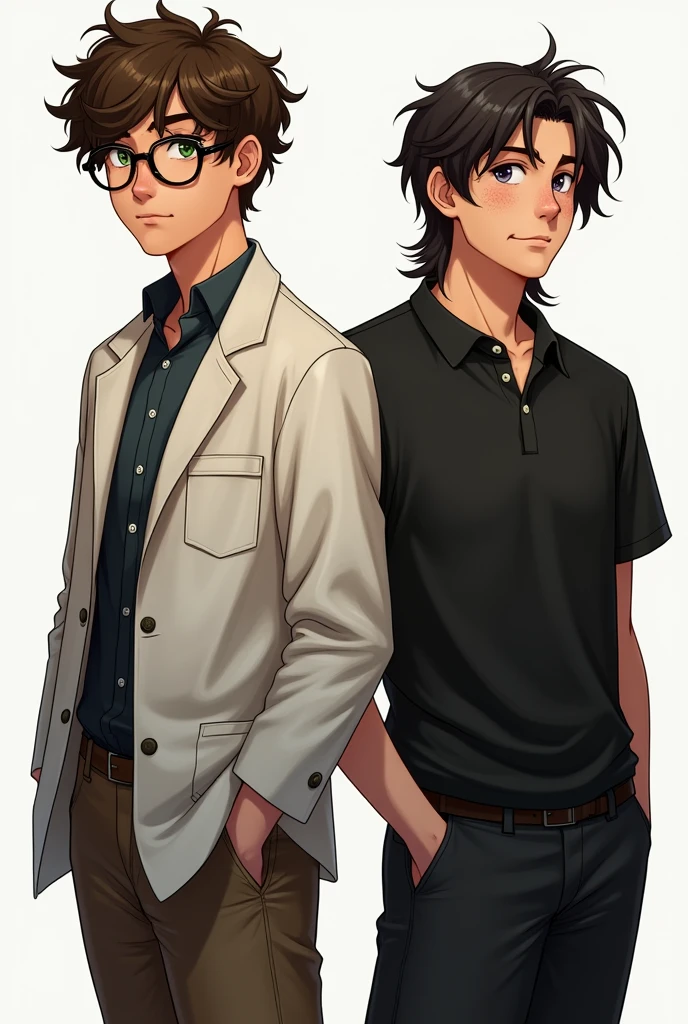 draw two guys standing next to each other, in the left the guy is about 6'2 tall has eye glasses and has brown curly hair, he wears pre-med clothes and has green eyes, the other guy beside him wears black clothes has long black hair and freckles looking playful