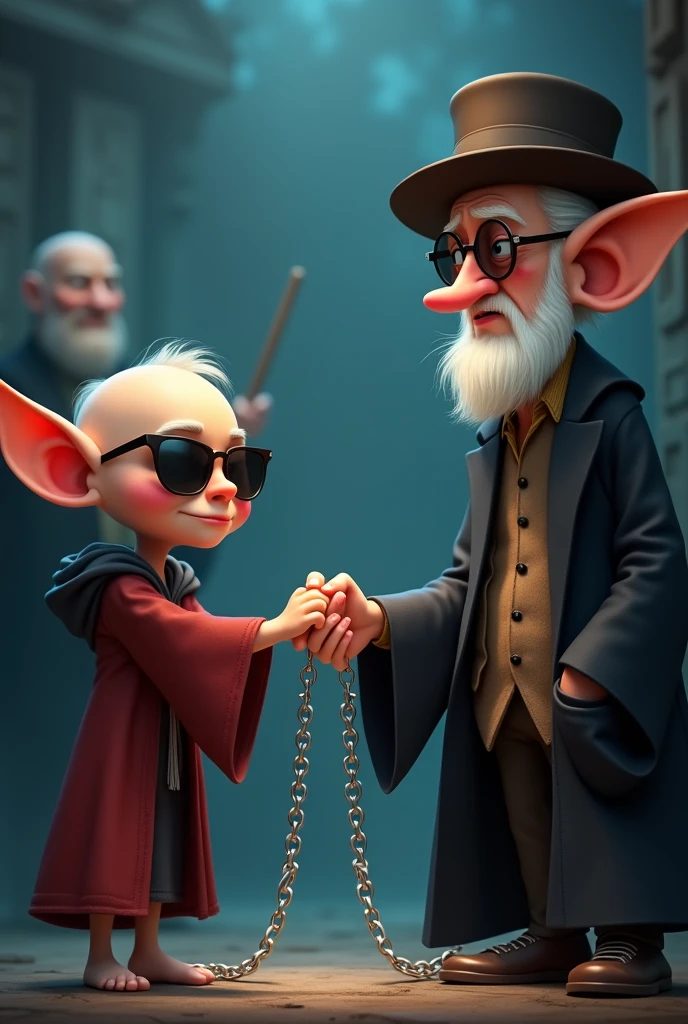Elfe de maison jeune avec des lunettes de soleil( meme style que dobby) qui serre la main effrayée d un prof âgée imberbe avec un chapeau en melon (rond). Ce prof est assez réticent il tient sa baguette dans son dos un peu tremblant. Ce serrage de main permettant de seller un pacte magie (chaînes autours de leurs mains). Pacte de magie qui était initié par un autre prof de magie âgée et chauve qui en arrière plant tiens sa baguette qui selle également le pact entre l fête et l autre prof . En style animation