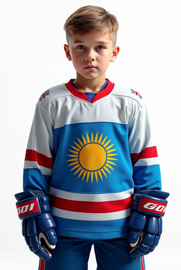 ((officially)) ((masterpiece)) ((Best quality)) ((detailed)) boy hockey player in uniform with emblem flag of Kazakhstan on white background