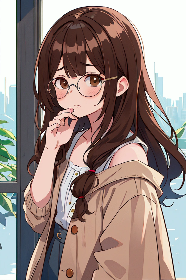 (masterpiece, Best Quality, 8k, raw photo, absurdities:1.2), film grain, chromatic aberration, High resolution, finely detail, two people, 1 brown-haired girl with shoulder-length hair with straight bangs and brown eyes with round glasses, 1 dark-brown-haired boy with brown mustache but with a small white patch and brown eyes with rectangular glasses