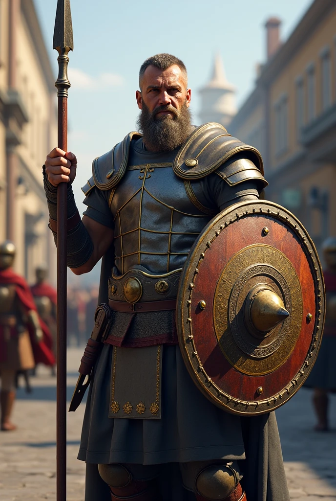 Greek warrior, with iron armor and gray clothing, holding a spear and a shield, shield with a wolf symbol, on guard duty to protect the city.