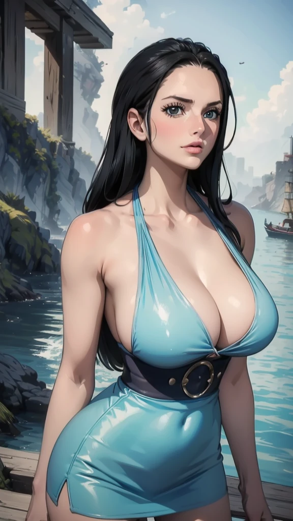 ((Highest quality, 8k, masterpiece:1.3)), Detailed eyes, (View from the front), Looking at the camera, ((Everything is Shining、Reflects light:1.2)), (Optimal ratio: Four fingers, One thumb), (Portraiture), 1 person, Nico Robin ((one piece)), Beautiful woman with perfect body, Highly detailed face and skin texture, Sexy pose, Outdoor, City Times Square, Wear a short skirt, Put accessories on your head, wearing a light blue shirt, Pointing at the viewer,naked