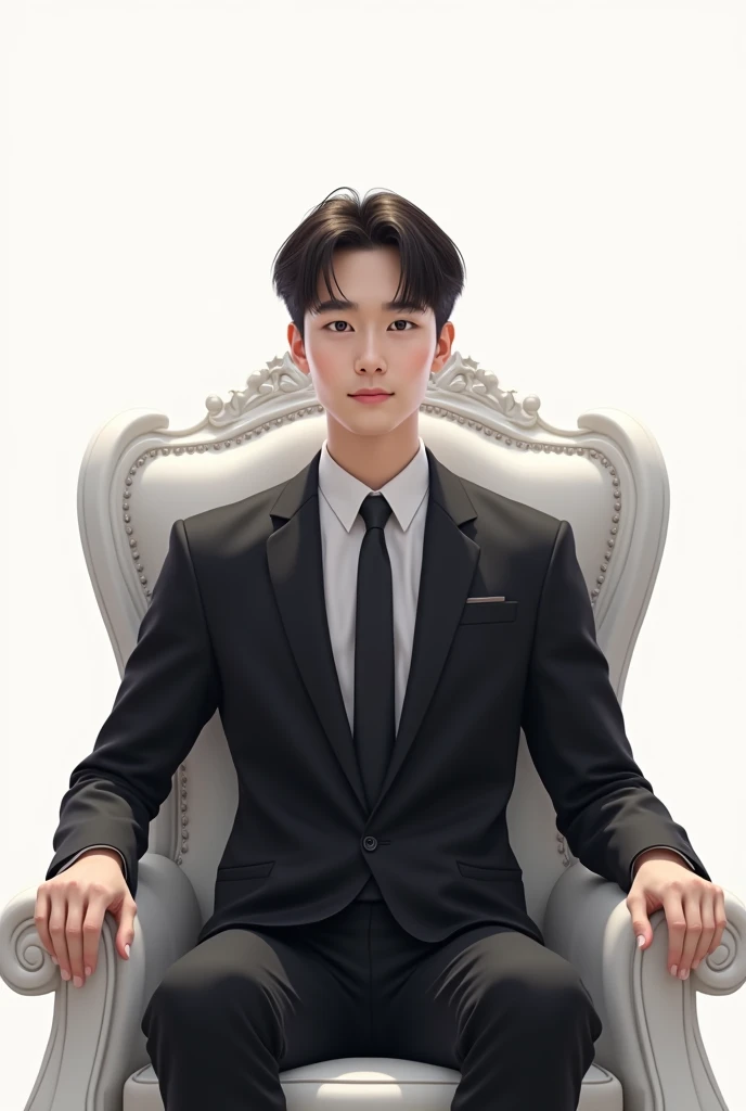 25 yearsold korean man semi animated portrait sitting in the white royal chair with white background and her 2 hands put it in the armchair with a blacksuit